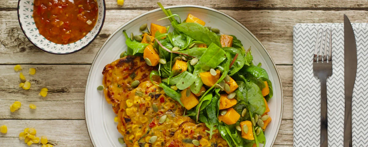 Recipe kit Corn fritters and a pumpkin spinach salad